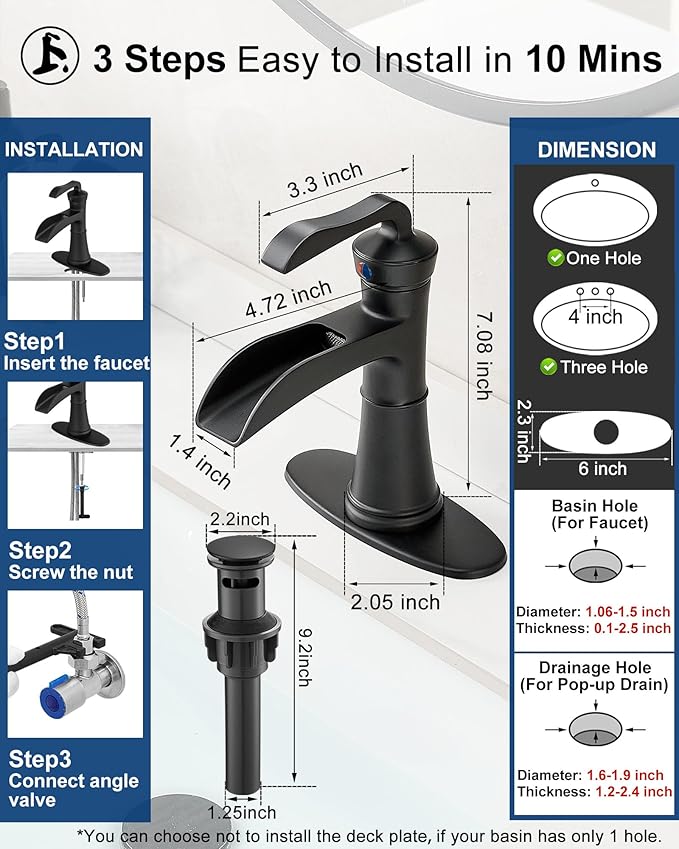 Brass Waterfall Bathroom Faucet Black, Single Handle Bathroom Sink Faucet 1 Hole, 4 Inch Bathroom Faucets 3 Hole with Deck Plate, Pop-up Drain and Supply Hoses
