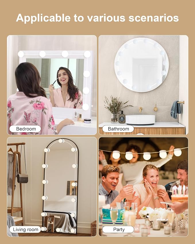 14 Bulbs LED Vanity Lights for Mirror, 3000K 4000K 6500K & 10-Brightness, Wire Length Adjustable, USB Cable, Hollywood Mirror Lights for Makeup Dressing Room Bathroom, White