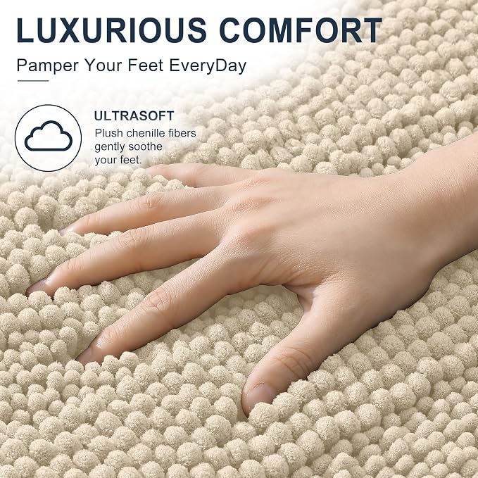 Smiry Thick Chenille Bathroom Runner Rugs 44x24, Absorbent Bath Mat, Sand | Quick‑Dry & Machine Washable, Non‑Slip Bath Carpet, Soft Striped Bath Rugs for Tub & Shower, Modern Home Decor Accessories