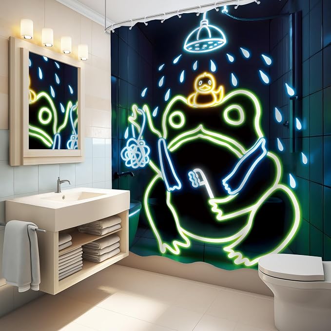 Funny Neon Frog Shower Curtain Bathroom Set 71Wx71H Inches Japanese Cool Asian Traditional Aesthetic Minimalist Animal Cute Lovely Bath Accessories Kids Boy Art Home Decor Fabric 12 Pack Hooks | 71Wx71H Aesthetic Minimalist waterproof HD print, quick-d...