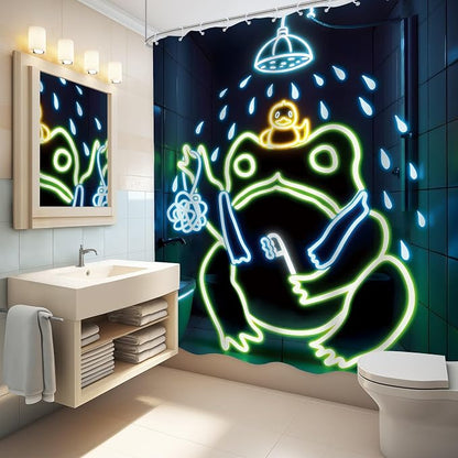 Funny Neon Frog Shower Curtain Bathroom Set 71Wx71H Inches Japanese Cool Asian Traditional Aesthetic Minimalist Animal Cute Lovely Bath Accessories Kids Boy Art Home Decor Fabric 12 Pack Hooks | 71Wx71H Aesthetic Minimalist waterproof HD print, quick-d...