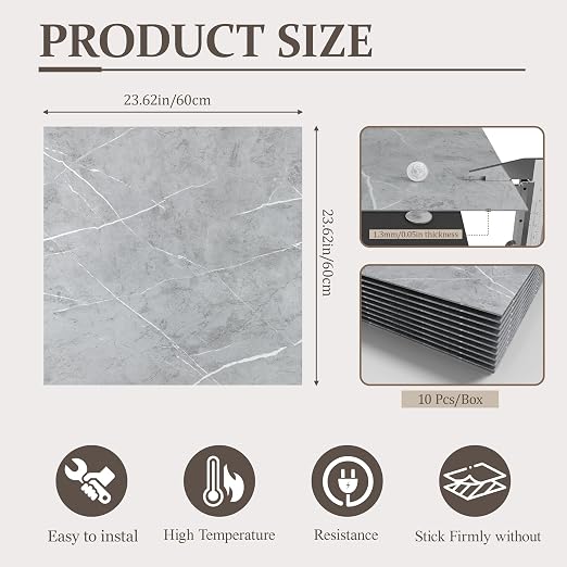 DEXDE Peel and Stick Floor Tile Grey Marble Waterproof Vinyl 2FTx2FT 10 PC | Waterproof Self-adhesive Vinyl Tiles, 40 Sq.Ft (10 Large 24x24 Pack), Vinyl Flooring for Bathroom Kitchen DIY Upgrades