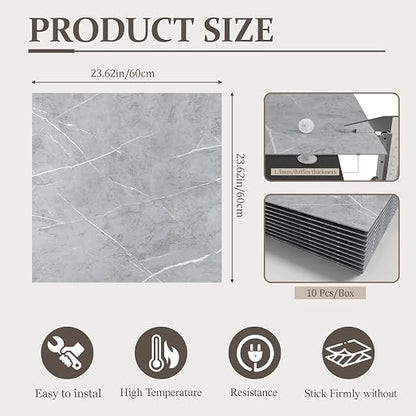 DEXDE Peel and Stick Floor Tile Grey Marble Waterproof Vinyl 2FTx2FT 10 PC | Waterproof Self-adhesive Vinyl Tiles, 40 Sq.Ft (10 Large 24x24 Pack), Vinyl Flooring for Bathroom Kitchen DIY Upgrades