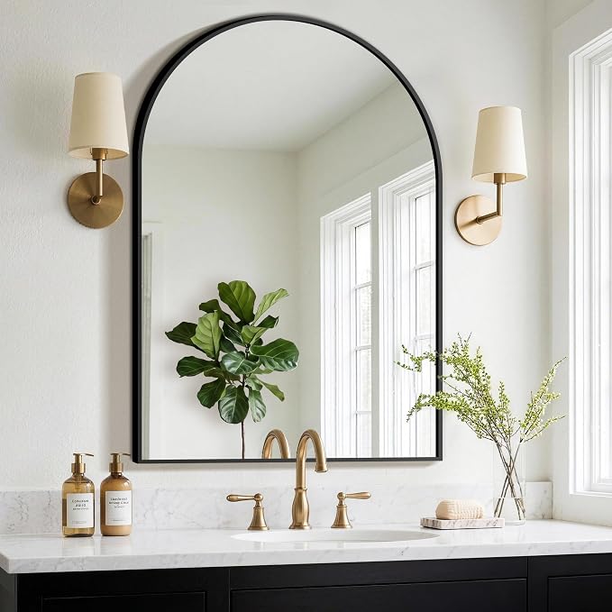 FGU Arched Bathroom Mirror for Over Sink 40"x28" Black Vanity Mirror | Wall Mounted, HD Tempered Shatter-Proof Glass, Rust-proof Arched Metal Frame, Arch Mirror for Bedroom, Living Room, Entryway