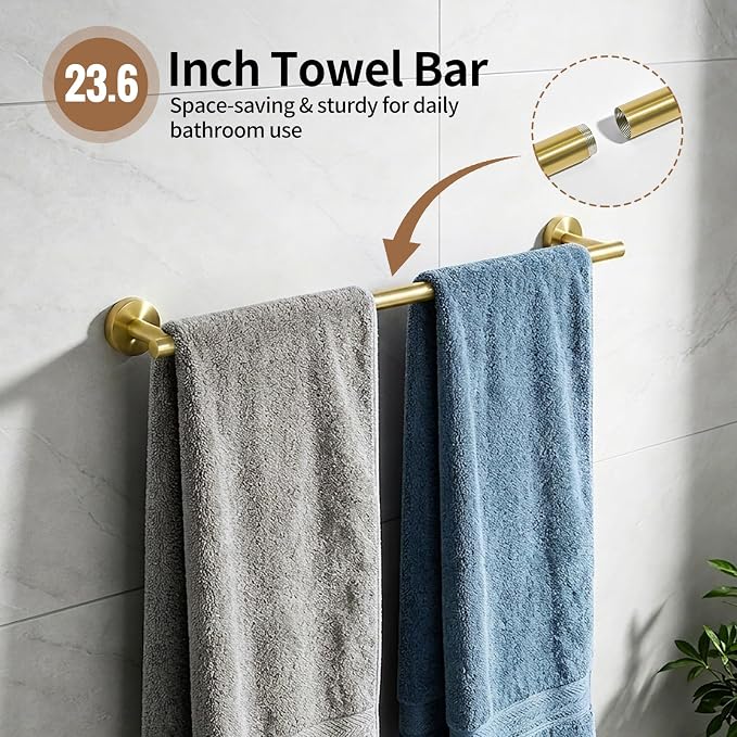 5-Piece Gold Bathroom Accessories Set Complete Wall Mounted | Includes Towel Bar, Paper Holder, Towel Ring, 2 Robe Hooks, durable gold finish and wall anchors