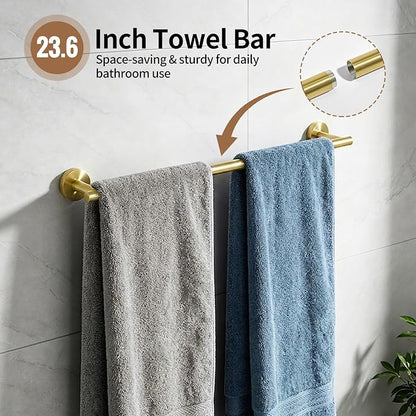5-Piece Gold Bathroom Accessories Set Complete Wall Mounted | Includes Towel Bar, Paper Holder, Towel Ring, 2 Robe Hooks, durable gold finish and wall anchors