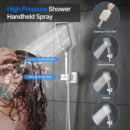 Shower System Brass Thermostatic Shower Faucet Set With Valve and Diverter Shower Mixer With Rain Head and Handheld High Pressure Square Rainfall