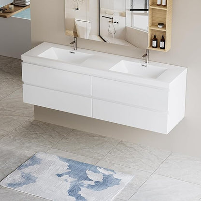 Wall Mounted 72 Inch Bathroom Vanity with Sink, Floating Vanity Bathroom, Double Sink Bathroom Vanity, 4 Drawers, Resin Integrated Sink (Glossy White)