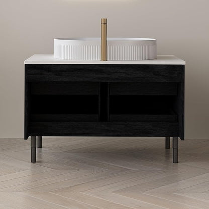36" Bathroom Vanity with Above Oval Sink Set, Modern Black 2-in-1 Wall Mounted & Freestanding Bathroom Vanity Cabinet with Sintered Stone top&4 Storage Drawers, Bathroom Single Sink Cabinet