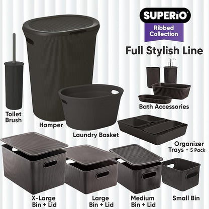 Superio Ribbed Collection - Decorative Plastic Bathroom Accessories Set, Brown (Set of 4) Soap Dish, Liquid Dispenser, Toothbrush Holder Cup, Vanity Organizer Tray Bathroom Countertop Decor Gift