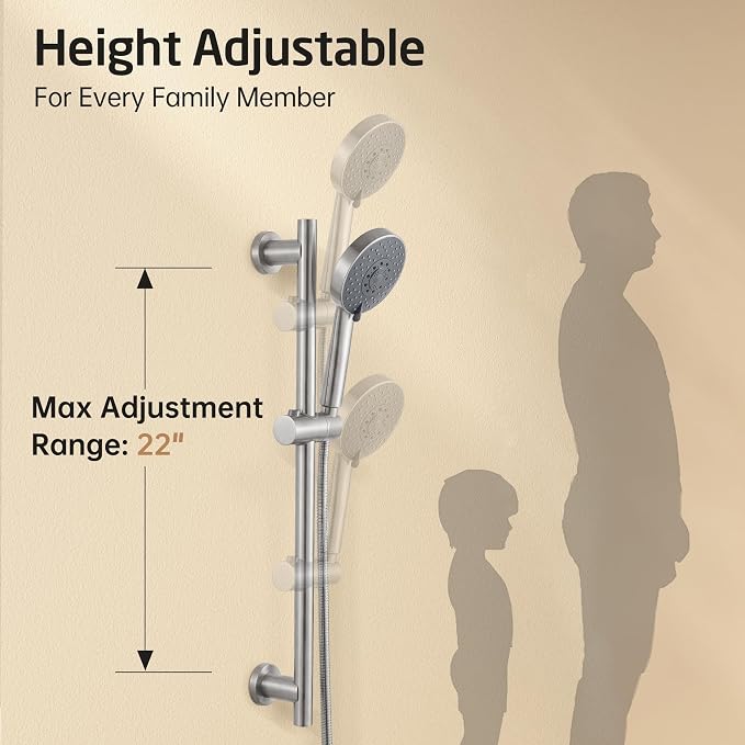 KES Adjustable Shower Head with Slide Bar, 5-Function Handheld Sliding Shower Head with Extra Long Hose Wall Mount Brushed Finish, F204-BS-C1