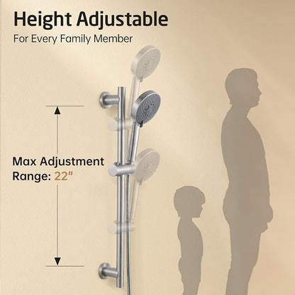 KES Adjustable Shower Head with Slide Bar, 5-Function Handheld Sliding Shower Head with Extra Long Hose Wall Mount Brushed Finish, F204-BS-C1