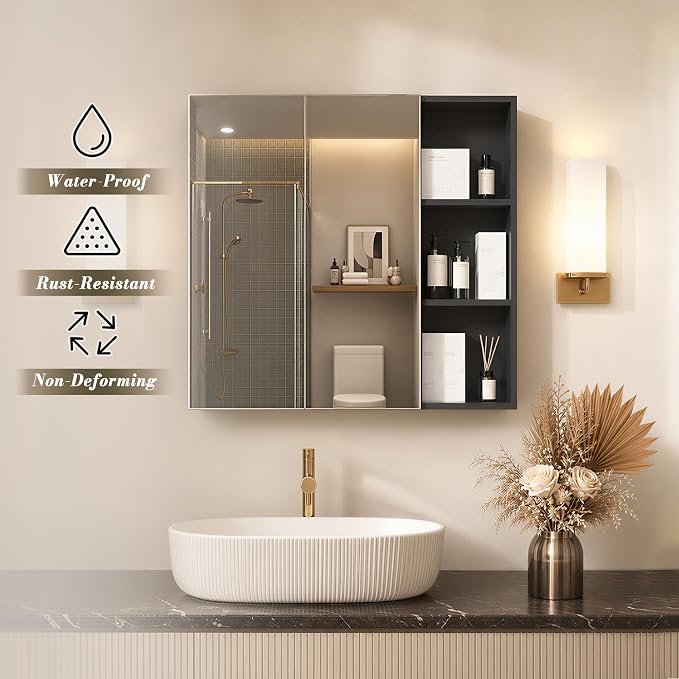 FKWin Double Door Medicine Cabinet Mirror, Wall Mount Bathroom Cabinet | Double Door Modern Surface Mount Medicine Cabinet, More Storage, Adjustable Shelves, Soft Close Hinges, Black, 33x29 Inch