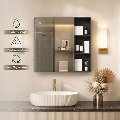 FKWin Double Door Medicine Cabinet Mirror, Wall Mount Bathroom Cabinet | Double Door Modern Surface Mount Medicine Cabinet, More Storage, Adjustable Shelves, Soft Close Hinges, Black, 33x29 Inch