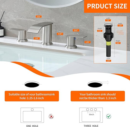 Waterfall Bathroom Faucet 3 Holes, 8 Inch Brushed Nickel Widespread Faucet Bathroom with Pop Up Drain Bathrooms Basin Lavatory Mixer Tap with Deck Mount Plate