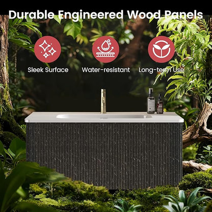 36" Floating Bathroom Vanity with Sink, Modern Wall Mounted Floating Vanity with Ceramic Sink, Push to Open Soft-Close Drawer for Apartment, Hotel, Blackish Brown Oak