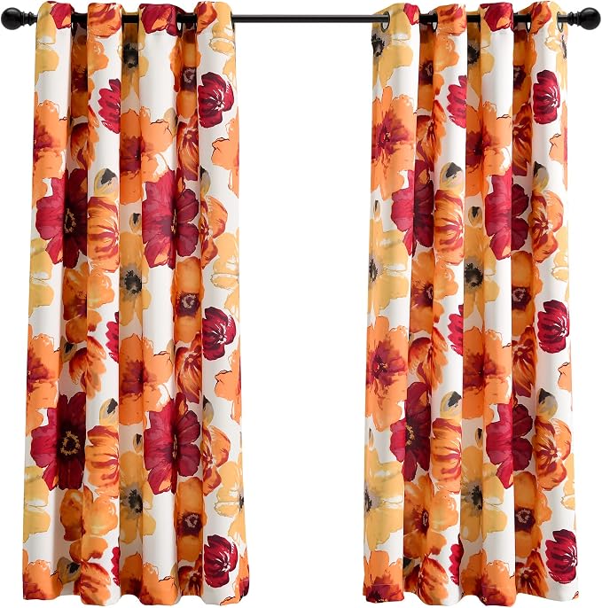 Lush Decor Leah Light Filtering Window Curtain Panels, Pair, 52" W x 63" L, Red & Orange - Floral Drapes for Bedroom - Orange Curtains - Farmhouse Decor