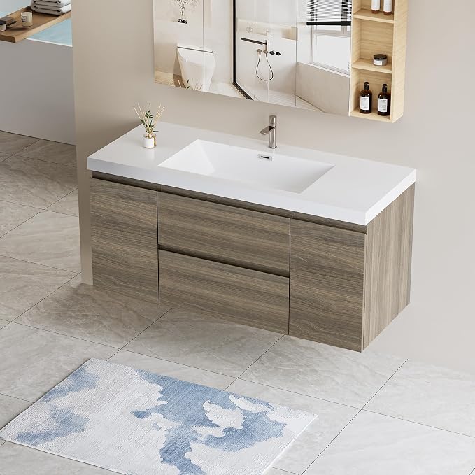 Pre-Assembled 48" Floating Bathroom Vanity with Sink, Ash Grey | Wall-Mounted Bathroom Vanity with Solid Surface Top Basin, 2 Soft Close Drawers and 2 Doors, Easy to Install & Clean