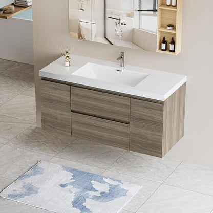 Pre-Assembled 48" Floating Bathroom Vanity with Sink, Ash Grey | Wall-Mounted Bathroom Vanity with Solid Surface Top Basin, 2 Soft Close Drawers and 2 Doors, Easy to Install & Clean