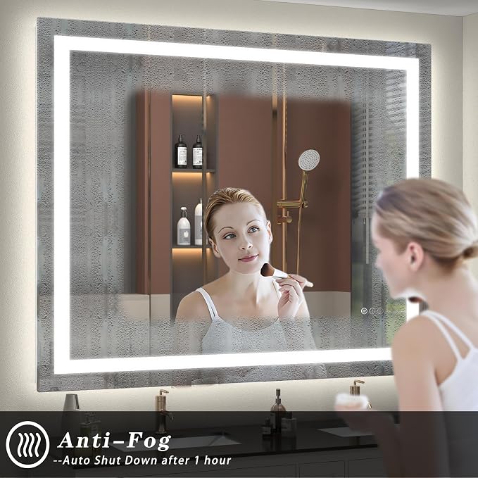 48x30 LED Lighted Bathroom Mirror for Vanity Wall | Front Light and Backlit, Anti-Fog, Memory, 3 Color, Tempered Glass, Dimmable, Rectangular, UL, Horizontal/ Vertical Mounted