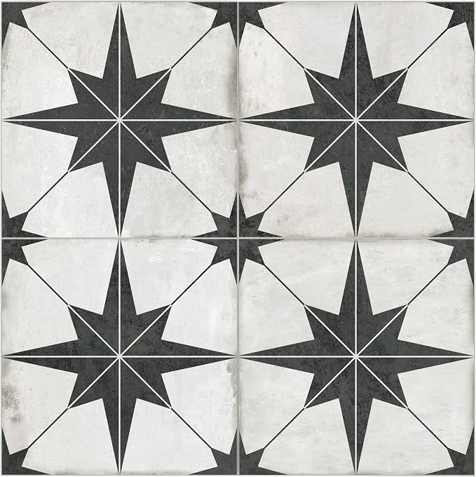 The Tiles Plaza Encaustic Peel and Stick Backsplash, Black Star Patterned Vintage Stick on Tiles, Stone Composite Self-Adhesive Wall Tile Sticker for Kitchen Bathroom Fireplace Stairs, 10 Sheets