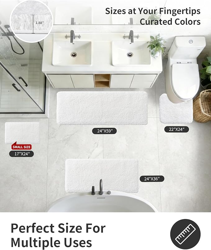 ILANGO White Bathroom Rugs 60" × 24" Non Slip & Super Absorbent Extra Thick Soft, Washable Bath Carpet Runner for Floor, Microfiber Plush Shaggy Bath Mats with Rubber for Bedroom Bathtub Shower Room