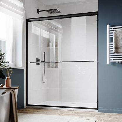 SUNNY SHOWER Double Sliding Glass Door 48" W x 72" H Shower Door 1/4" Tempered Glass Sliding Door Semi-Frameless Shower Glass Enclosure Bypass Walk in Shower Cabin, Matte Black