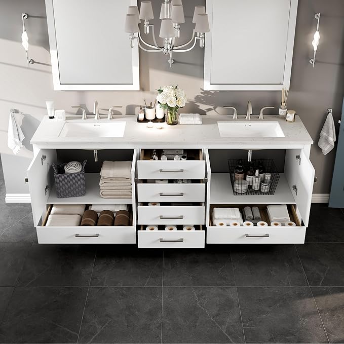 Eviva Aberdeen 84 in. White Double Sink Bath Vanity with Carrara Quartz Top and Undermount Porcelain Sinks