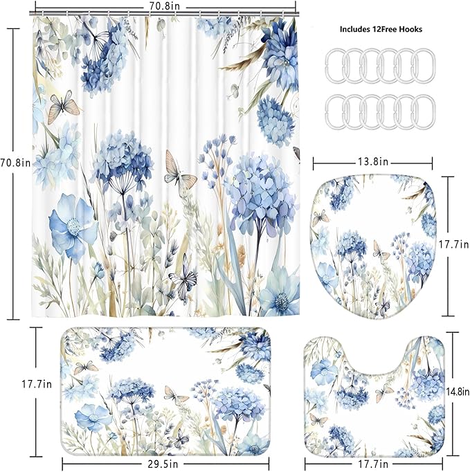 4-Piece Blue Floral Shower Curtain Butterfly Flowers Bathroom Set with Shower Curtain and Rugs, Blue White Bath Set with Hooks for Farmhouse Home Decor