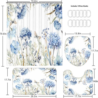 4-Piece Blue Floral Shower Curtain Butterfly Flowers Bathroom Set with Shower Curtain and Rugs, Blue White Bath Set with Hooks for Farmhouse Home Decor