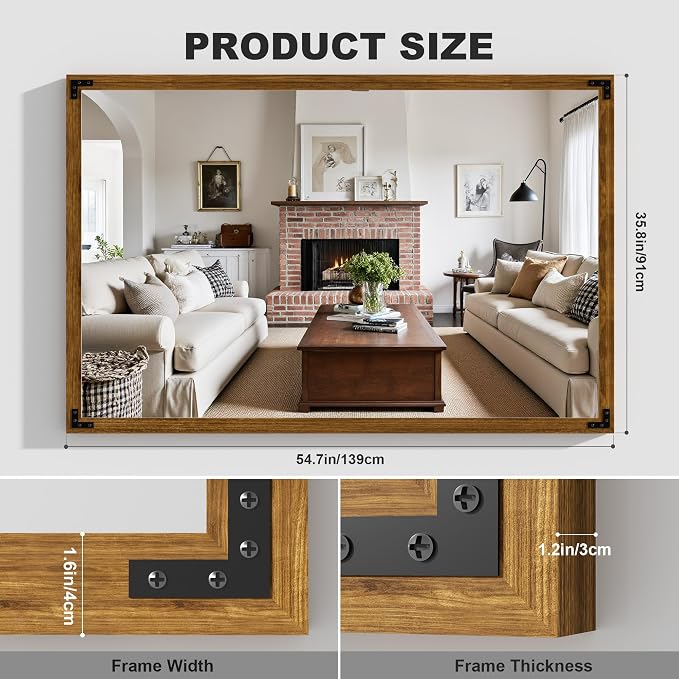 Hasipu Farmhouse Bathroom Mirror, 55"x36" Rustic Wood Framed Wall Mounted Mirror, Walnut Vintage Vanity Mirror Modern Farmhouse Style Decrative Mirrors