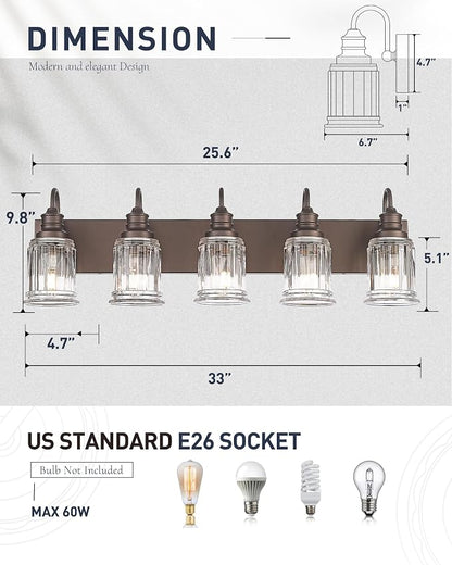 5 Light Bathroom Vanity Light - HWH Farmhouse Vanity Lights for Bathroom Wall Light Fixtures Over Mirror Oil-Rubbed Bronze, Bell-Shaped Fluted Clear Glass, 5HZG106B-5W ORB