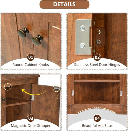 Corner Storage Cabinet with Two Doors for Bathroom, Living Room or Kitchen, Adjustable Shelf, Freestanding Floor Space Saver, Brown