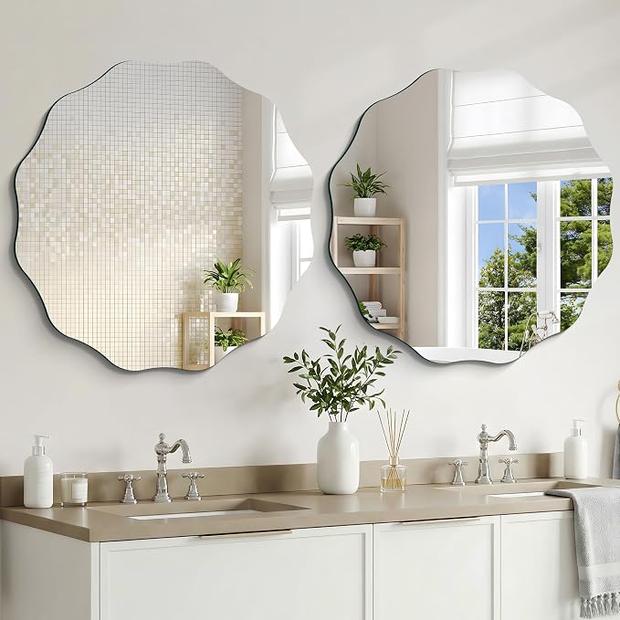 CILIBER Wavy Mirror for Wall, 30'' Scalloped Frameless Round Mirror, 3mm Tempered Glass Decorative Bathroom Vanity Mirror, Mounting/Leaning for Mantel, Living Room, Bedroom and Entryway