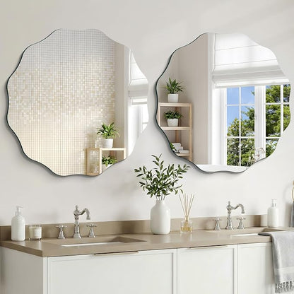 CILIBER Wavy Mirror for Wall, 30'' Scalloped Frameless Round Mirror, 3mm Tempered Glass Decorative Bathroom Vanity Mirror, Mounting/Leaning for Mantel, Living Room, Bedroom and Entryway