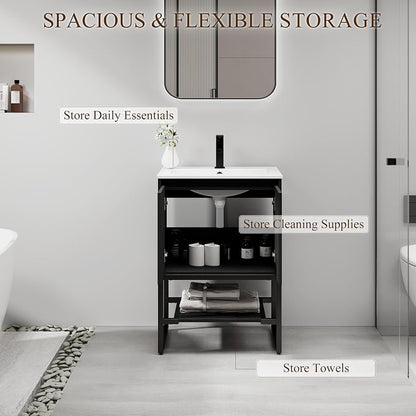 LUCKWIND 24" Modern Bathroom Vanity with Single White Sink Combo, Freestanding Storage Cabinet with Metal Frame, Matte Black Faucet and Open Shelf and 2 Soft-Closing Door, Black