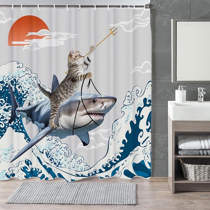 Funny Cute Cat Shower Curtains,Japan Cat Shark with Ocean Sea Wave Shower Curtain for Bathroom,Japanese Cool Fabric Shower Curtain Set with Hooks Bath Decoration 72X72inches