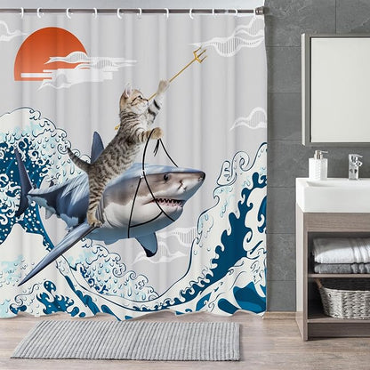 Funny Cute Cat Shower Curtains,Japan Cat Shark with Ocean Sea Wave Shower Curtain for Bathroom,Japanese Cool Fabric Shower Curtain Set with Hooks Bath Decoration 72X72inches