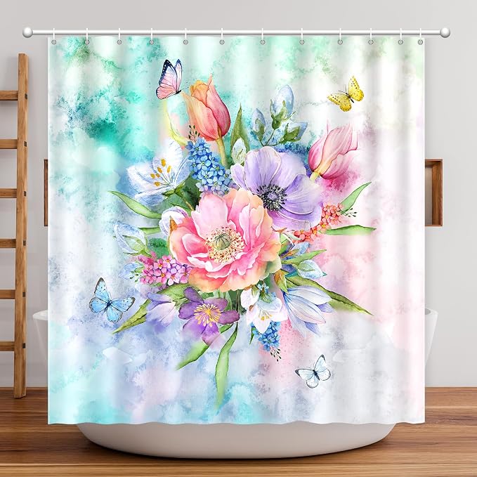 Floral Shower Curtain, Watercolor Flowers Shower Curtain Summer Blooming Flowers Painting Shower Curtain Sets Waterproof Polyester Fabric Machine Washable Home Farmhouse Decor Bath Curtain