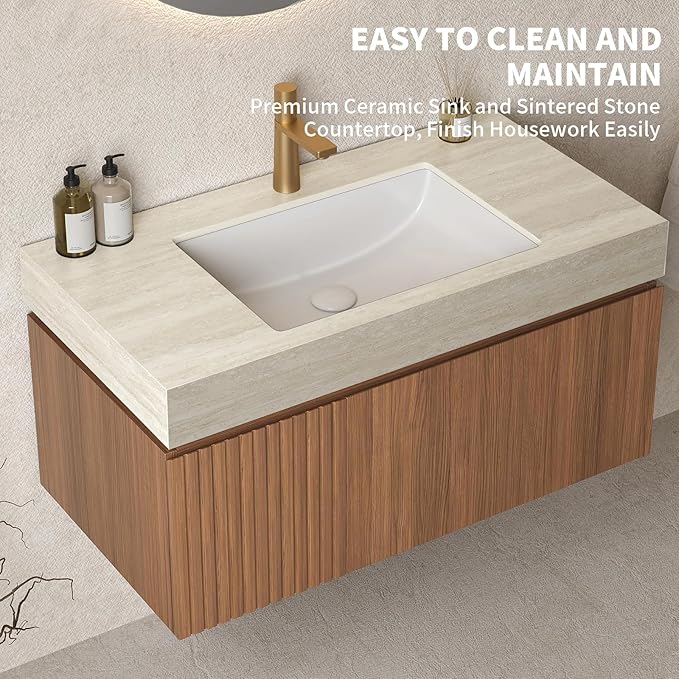 LKTART Floating 36 Inch Bathroom Vanity with Sink, Modern Plywood Wall Mounted Bathroom Storage Cabinet with 1 Door and 1 Drawer, Roma Travertine-Pattern Sintered Stone Countertop and Ceramic Basin