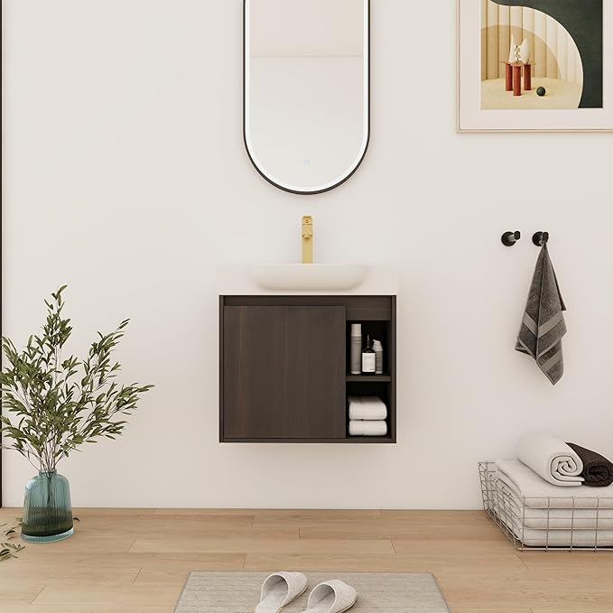 24" Wall-Mounted Bathroom Vanity with Ceramic Sink, 24 inch Floating Single Sink Vanity Cabinet Modern Brown 1-Door Design with Storage Shelf (Space-Saving for Small Bathrooms), Black