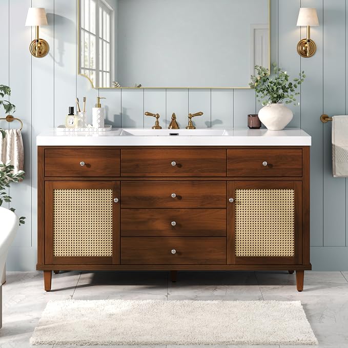 60 Inch Brown Bathroom Vanity with Single Sink,Large Rattan Bathroom Vanity with Spacious Countertop & Deep SMC Sink,with 5 Drawers & 2 Soft Closing Doors,Silver Knobs,Woven Front,8 in Faucet Hole