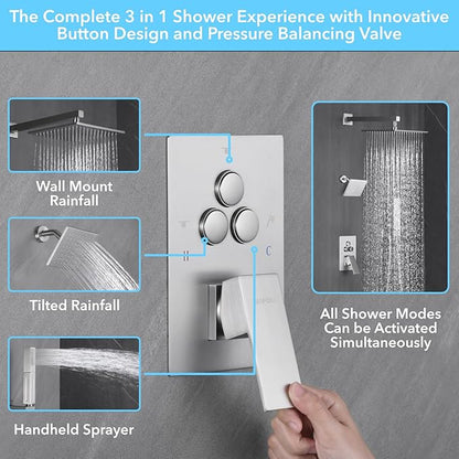 VANFOXLE Shower Faucet Set Brushed Nickel Shower System,Push Button Diverter Shower Faucet with 2 in 1 Handheld, Wall Mount Increased Thickness 10 Inch Shower Head with 6 Inch Shower Head