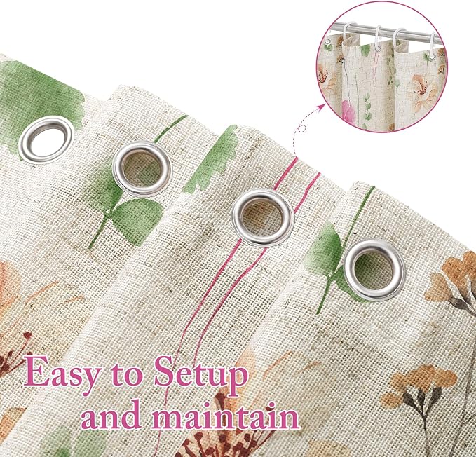 Pink Green Linen Watercolor Floral Fabric Shower Curtain, 72x72 | Linen Fabric, Modern Minimalist Floral Print, Machine Washable, Rustproof Grommets, for Bathroom Home