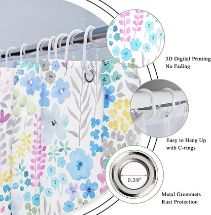 Small Stall Blue Floral Boho Wildflower Plant Bathroom Shower Curtain Set | 36"W x 72"H Watercolor Leaves; waterproof HD print, quick-dry fabric with 12 hooks for easy hanging.