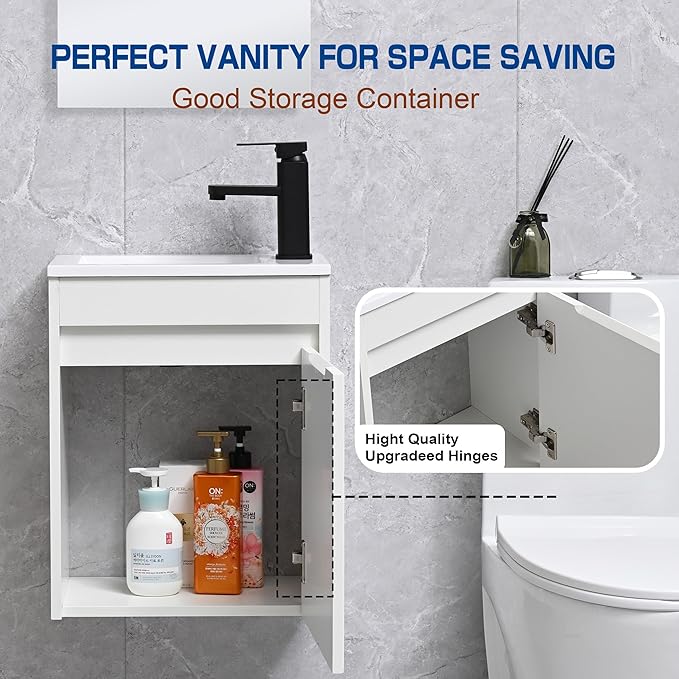 16" Bathroom Vanity Sink Combo for Small Space, Wall Mounted Bathroom Cabinet Set with White Resin Basin Sink Top Black Faucet Pop Up Drain White