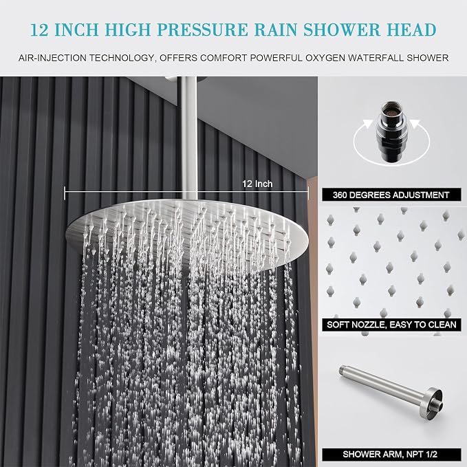 Brushed Nickel Shower Faucet Set- Rainfall Shower System Has 12 Inch Rain Shower Head with Handheld Sprayer and Brass Valve for Bathroom Shower Fixtures