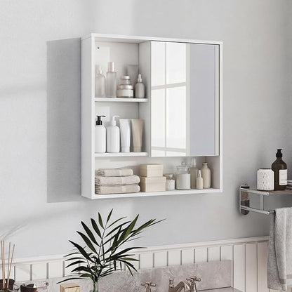 Panana Bathroom Medicine Cabinet with Mirror, Wall Mounted Single Mirror Door Storage Cabinet with 3 Open Compartments, Adjustable Height Shelf, 21.9x5.1x23.6 inch (White)