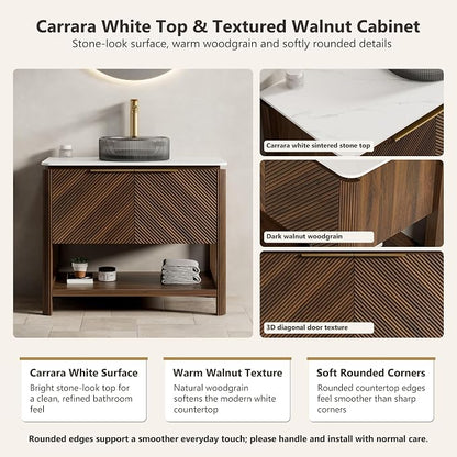 Yayzy 60 Inch Double Sink Bathroom Vanity, Dark Walnut Bathroom Cabinet with Double Smoky Gray Glass Vessel Sinks, Carrara White Sintered Stone Countertop, Soft Close Doors, Open Storage Shelf