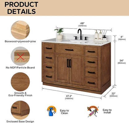 48-inch Dark Walnut Bathroom Vanity with Sink, Solid Wood, 0.79-inch Stone Countertop and Backsplash, 9 Drawers, 2 Soft Closing Doors